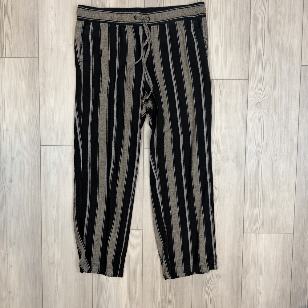 Ann Taylor‎ Factory Large Tapered Leg Striped Linen Blend Pant Black Drawstring